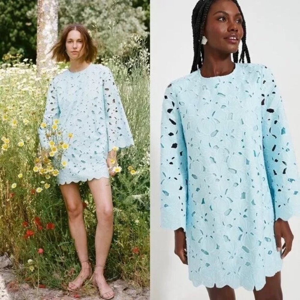 Tuckernuck NEW Aqua Floral Lace Camilla Long Flared Sleeve Mini Dress Size L